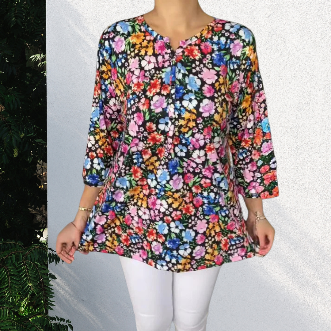 Vivienne - Floral V-neck Blouse with Button Placket