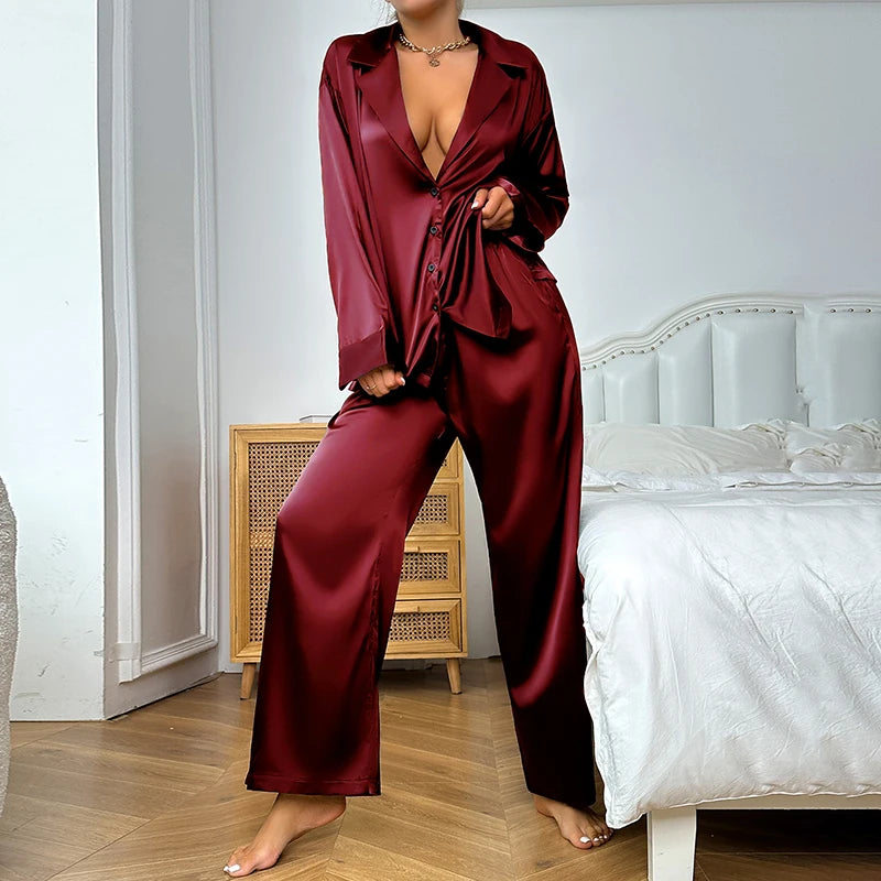 Silk Satin 2-Piece Pajama Set – Long Sleeve, Deep V-Neck Lounge Outfit