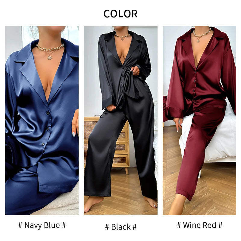 Silk Satin 2-Piece Pajama Set – Long Sleeve, Deep V-Neck Lounge Outfit