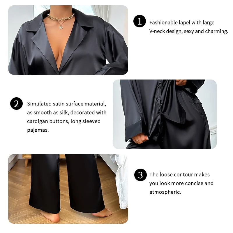 Silk Satin 2-Piece Pajama Set – Long Sleeve, Deep V-Neck Lounge Outfit