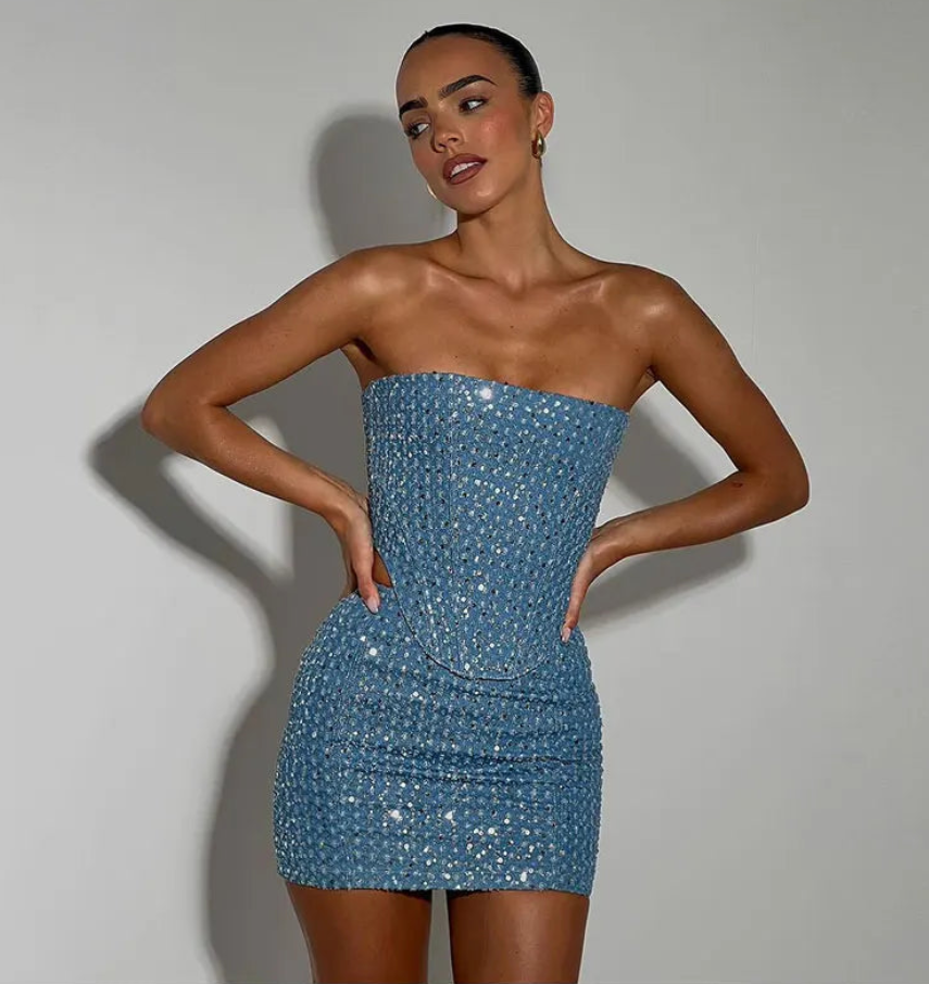 Glitter Denim Dress | Mini Glitter Dress | Bellagio Moda