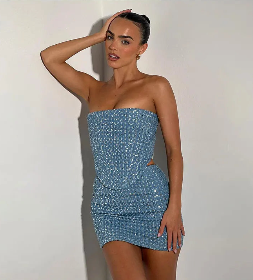 Glitter Denim Dress | Mini Glitter Dress | Bellagio Moda